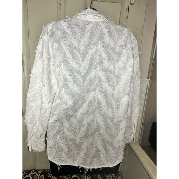 Zara White Fringe Textured Button-Up Shirt Long Sleeve Feather Pattern Sz S - Picture 7 of 13